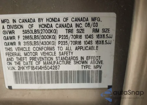 2004 Honda Pilot Ex from USA, damaged, VIN 2HKYF18414H504287